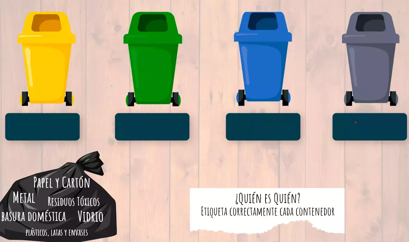 Animated image with four different recycling bins (yellow, green, blue, grey) and a black trash bag