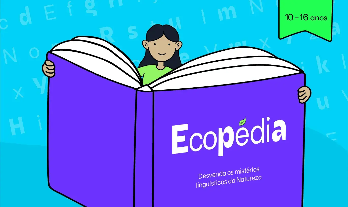 Girl with a green t-shirt reading a large purple book called "Ecopédia" 