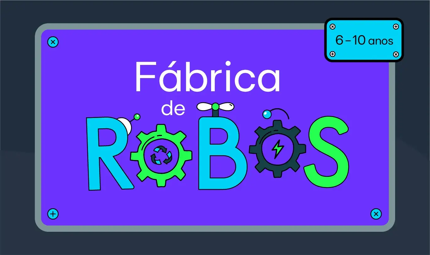 Purple plate with "Fábrica de Robôs" written it colorful letters and gear wheelsechanical 