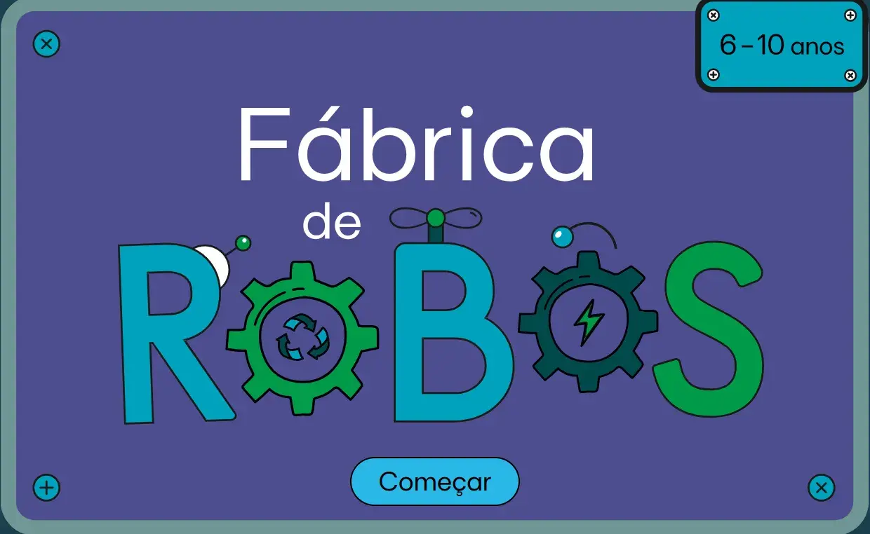 Imagem de fundo roxo com a frase "Fábrica de Robots" com as letras "O" figuradas com dentes de engrenagem