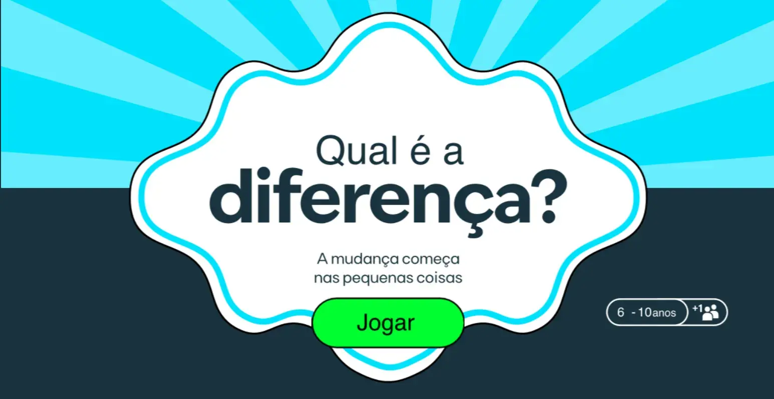 Animated image of light blue rays of sunshine with a label in a shape of a cloud with "Qual a diferença?" sentence written 